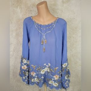 Johnny Was Sz XXS Blouse Shirt Tunic Blue Embroidered Floral Long Sleeve Boho U